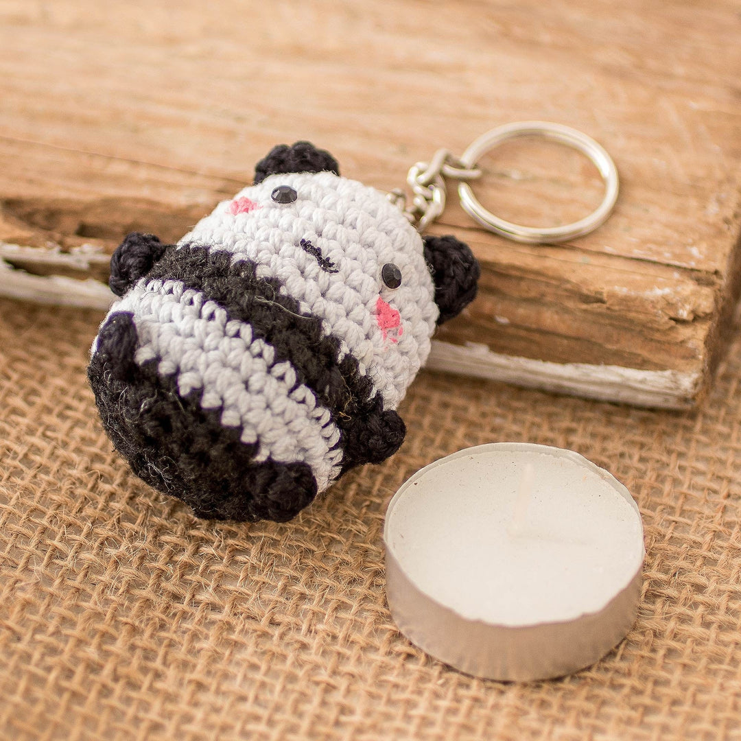 Crocheted Amigurumi Panda Keychain with Stainless Steel Ring - Panda Charm