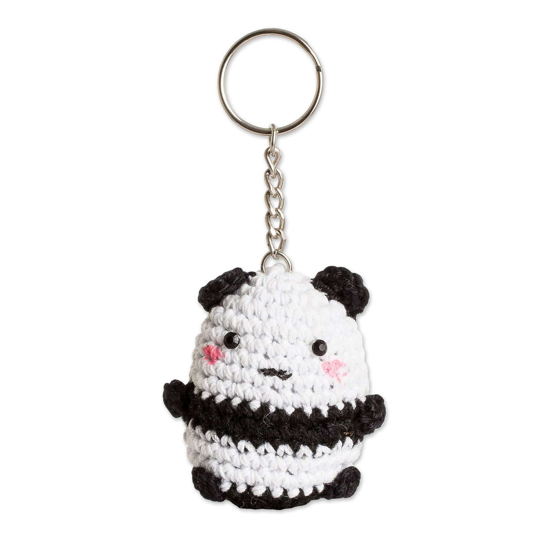 Crocheted Amigurumi Panda Keychain with Stainless Steel Ring - Panda Charm