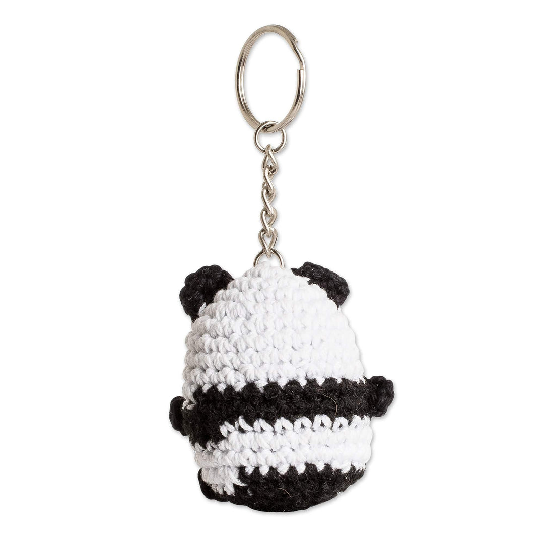 Crocheted Amigurumi Panda Keychain with Stainless Steel Ring - Panda Charm