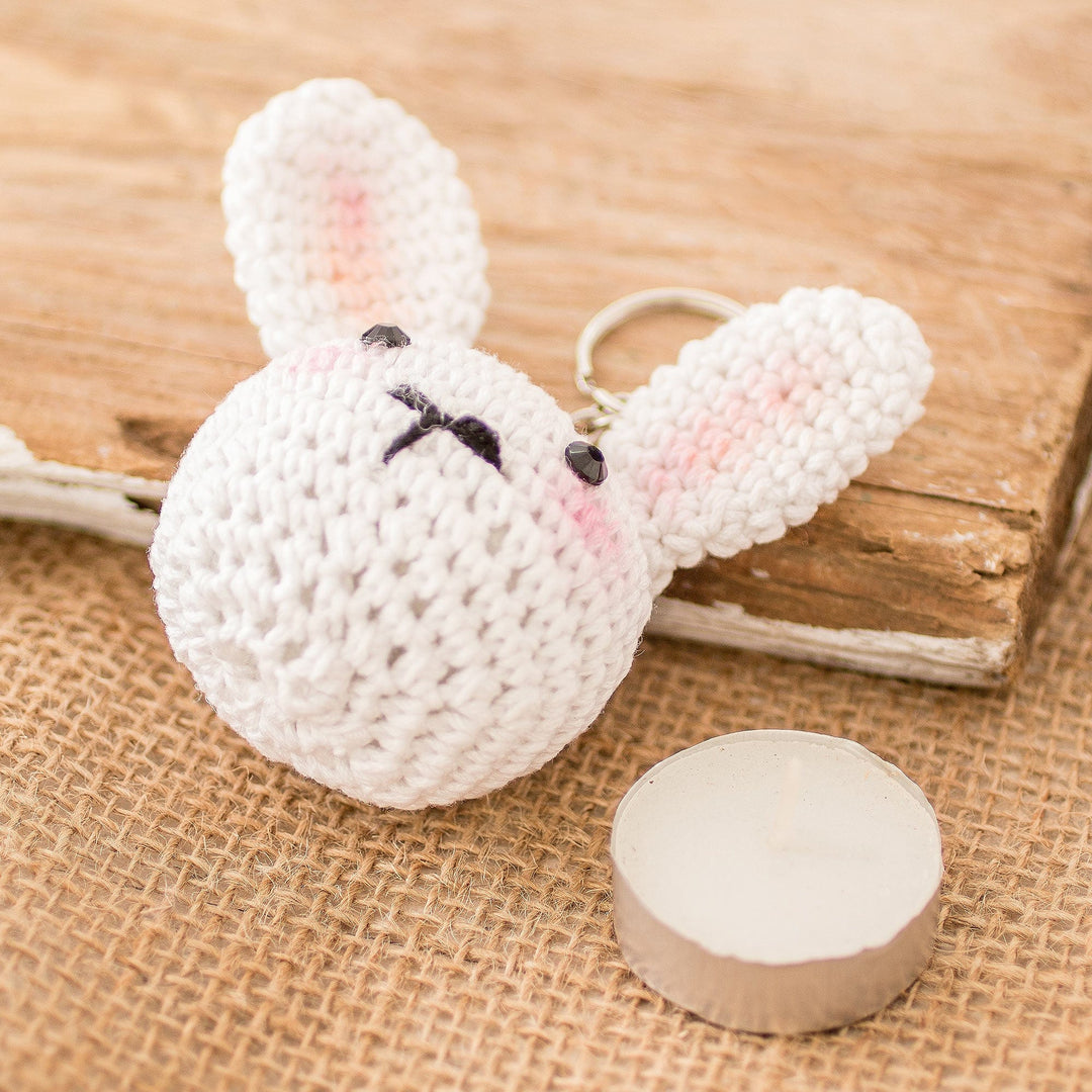 Crocheted Amigurumi Bunny Keychain with Stainless Steel Ring - Bunny Charm