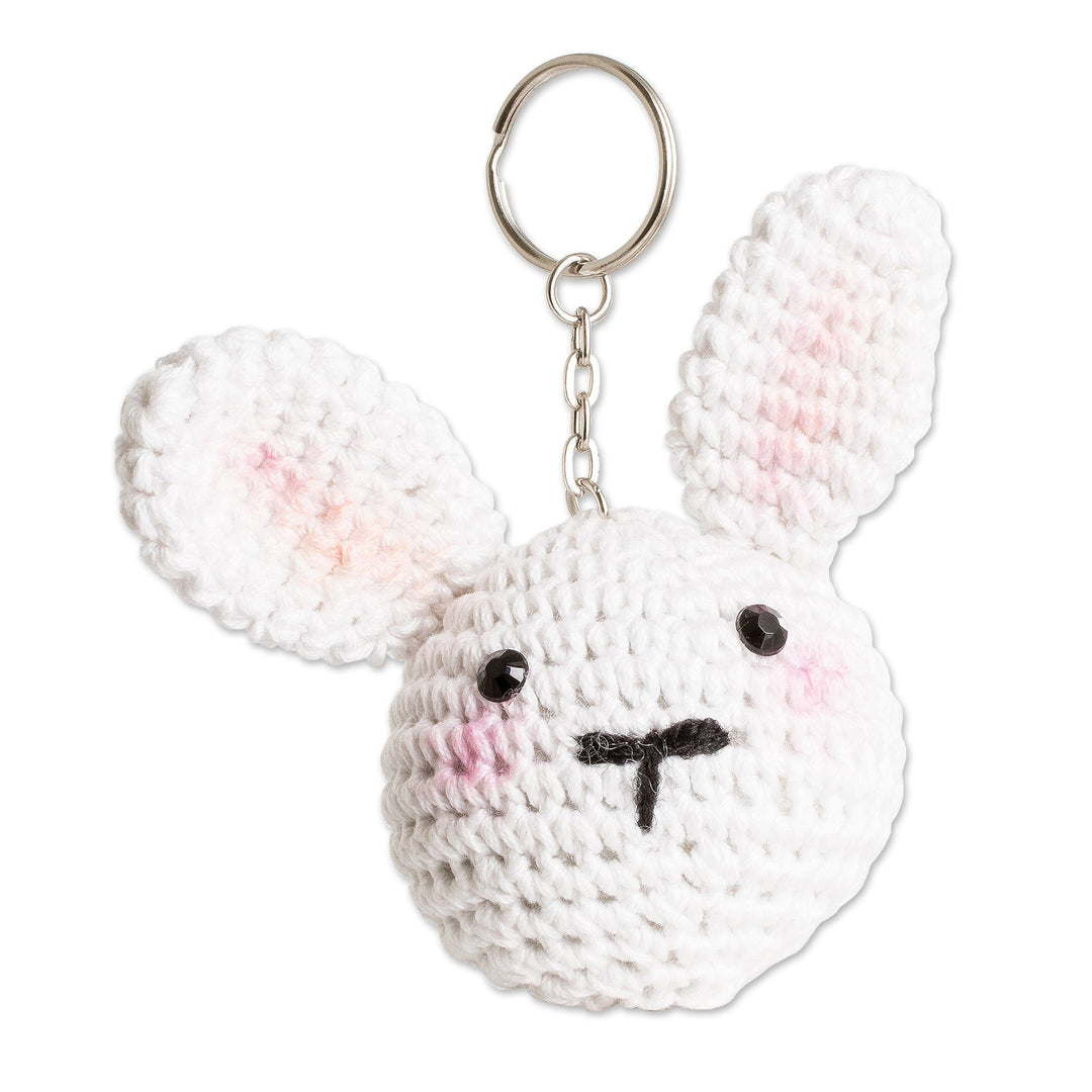 Crocheted Amigurumi Bunny Keychain with Stainless Steel Ring - Bunny Charm