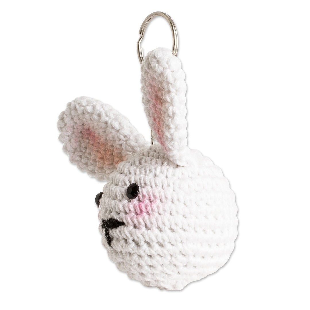 Crocheted Amigurumi Bunny Keychain with Stainless Steel Ring - Bunny Charm