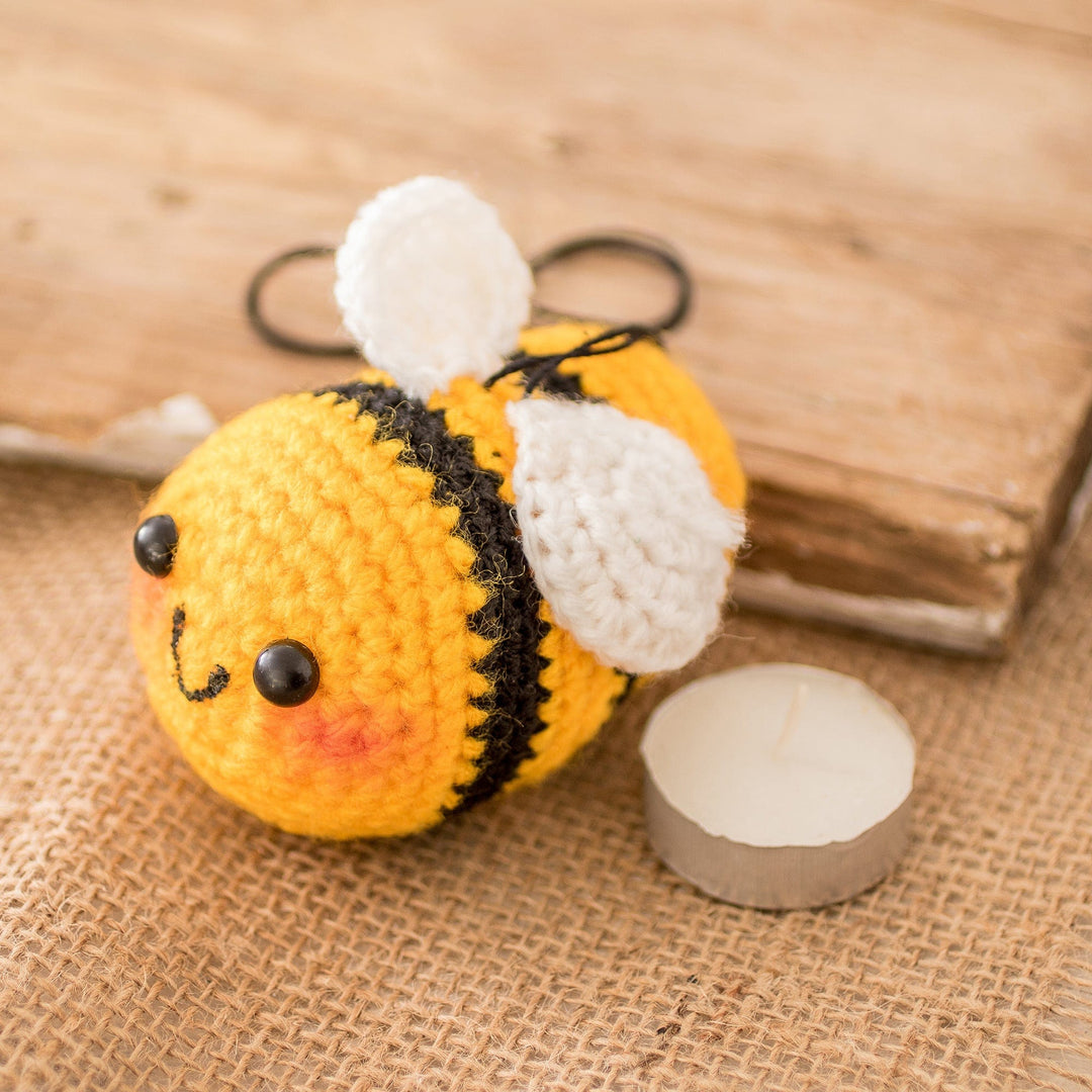 Smiling Bee Car Charm Crocheted in Amigurumi Style - Happy Bee
