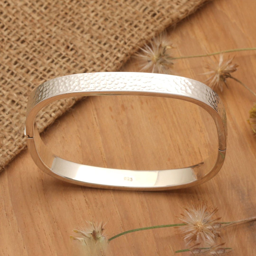 Hammered Sterling Silver Bangle-Style Wristband Bracelet - Textured Rectangle