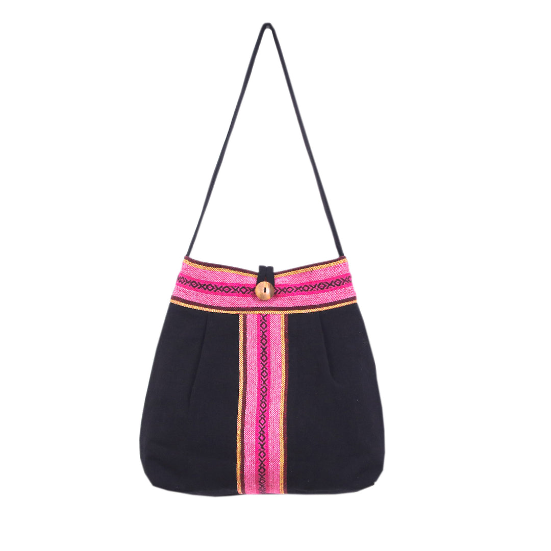 Handcrafted Black and Pink Cotton Shoulder Bag from Thailand - Thai Caprice