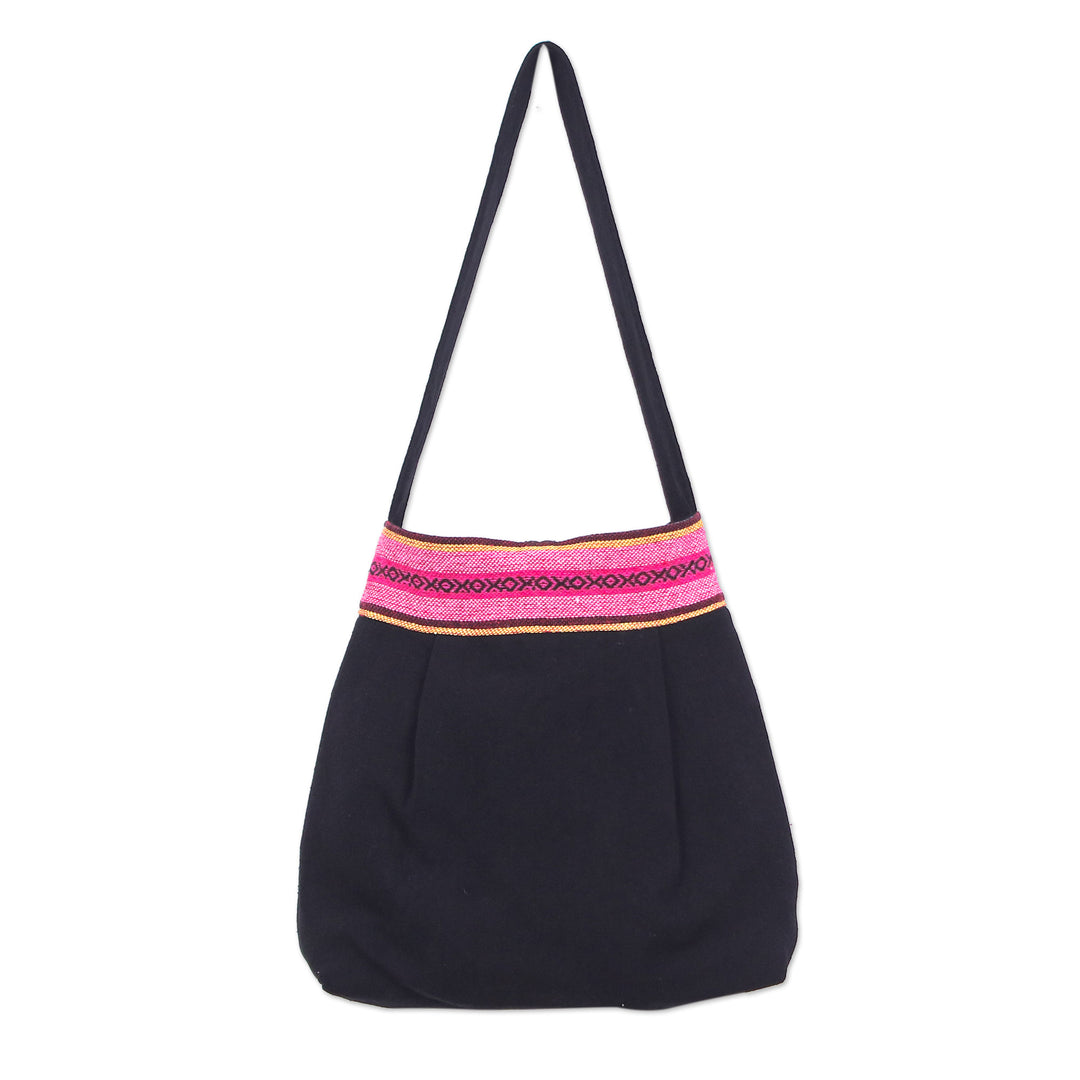 Handcrafted Black and Pink Cotton Shoulder Bag from Thailand - Thai Caprice