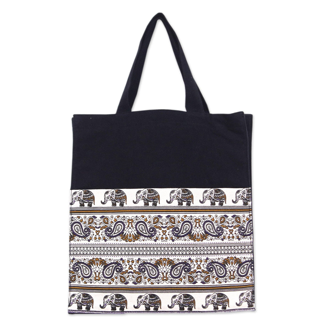 Elephant and Paisley Printed Cotton Tote Bag from Thailand - Sage Day