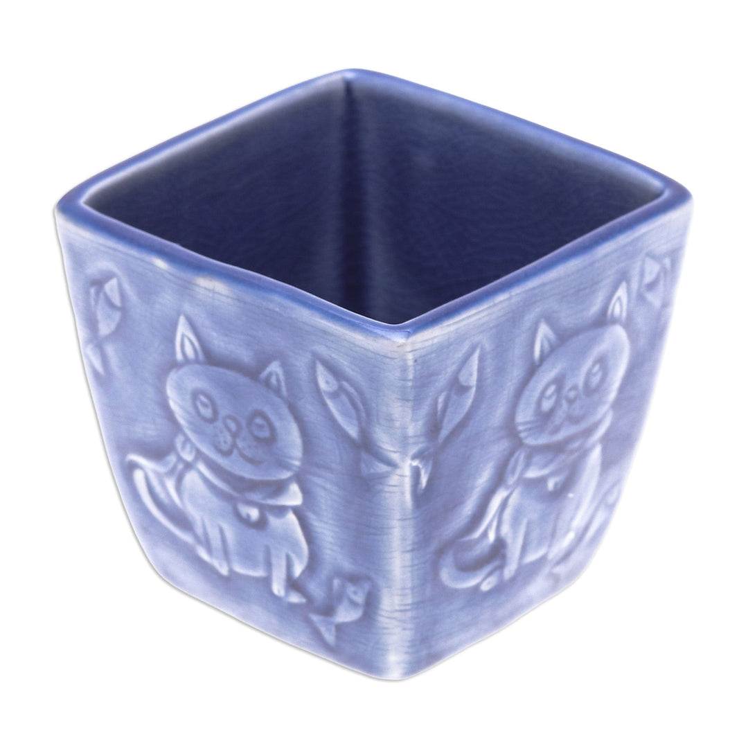 Cat-Themed Crackled-Finished Blue Ceramic Mini Flower Pot - Feline Eden in Blue