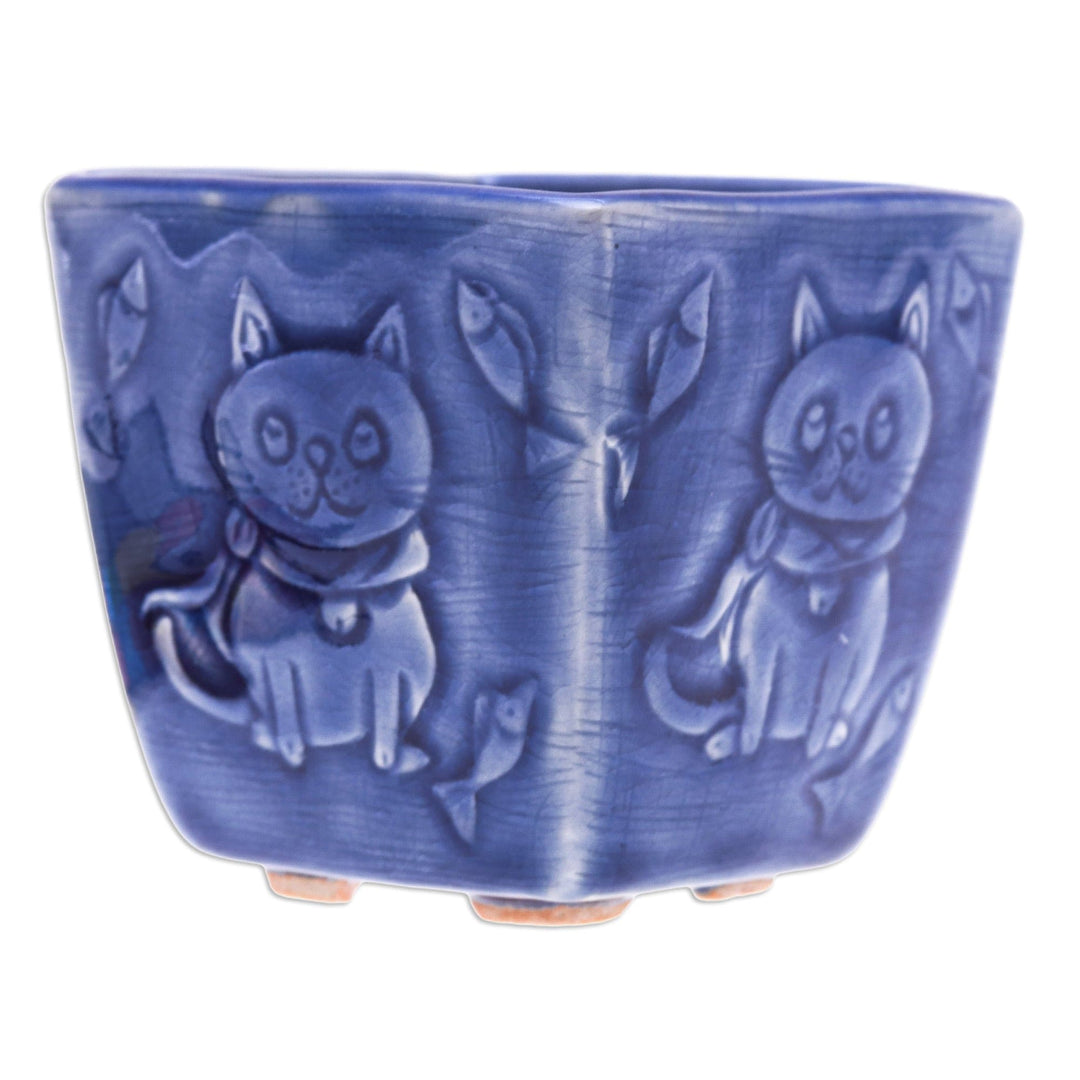 Cat-Themed Crackled-Finished Blue Ceramic Mini Flower Pot - Feline Eden in Blue