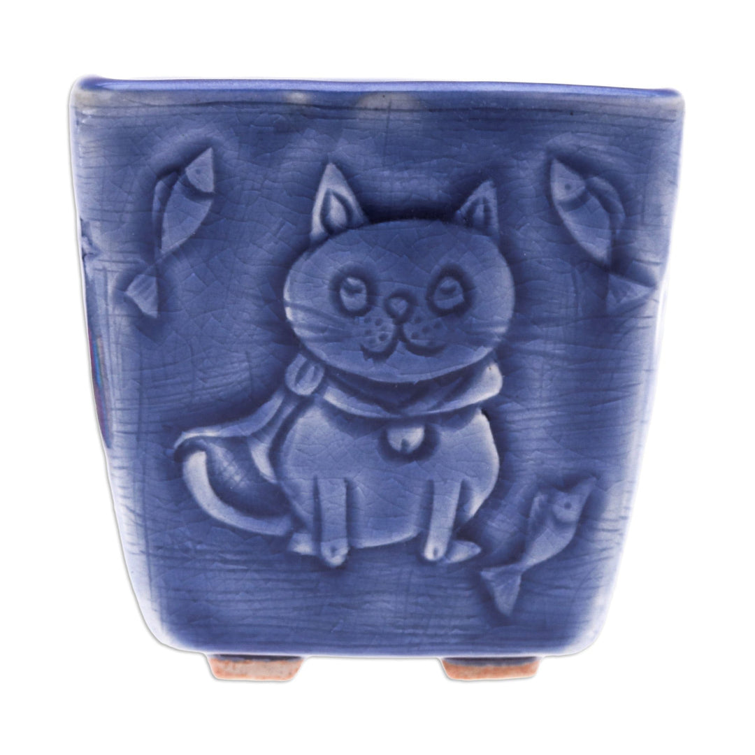 Cat-Themed Crackled-Finished Blue Ceramic Mini Flower Pot - Feline Eden in Blue