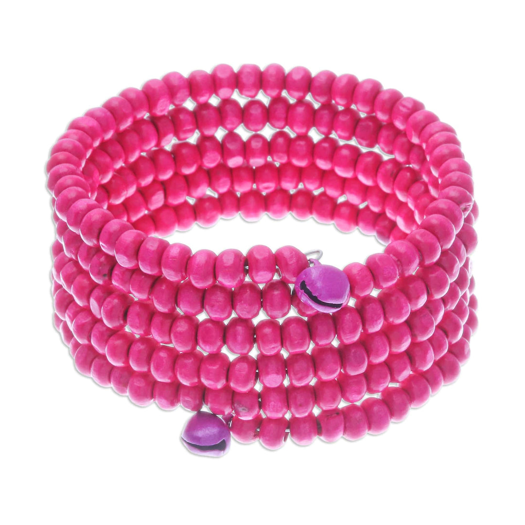 Fuchsia Beaded Wood Wrap Bracelet with Bells (1 In) - Fuchsia Spin