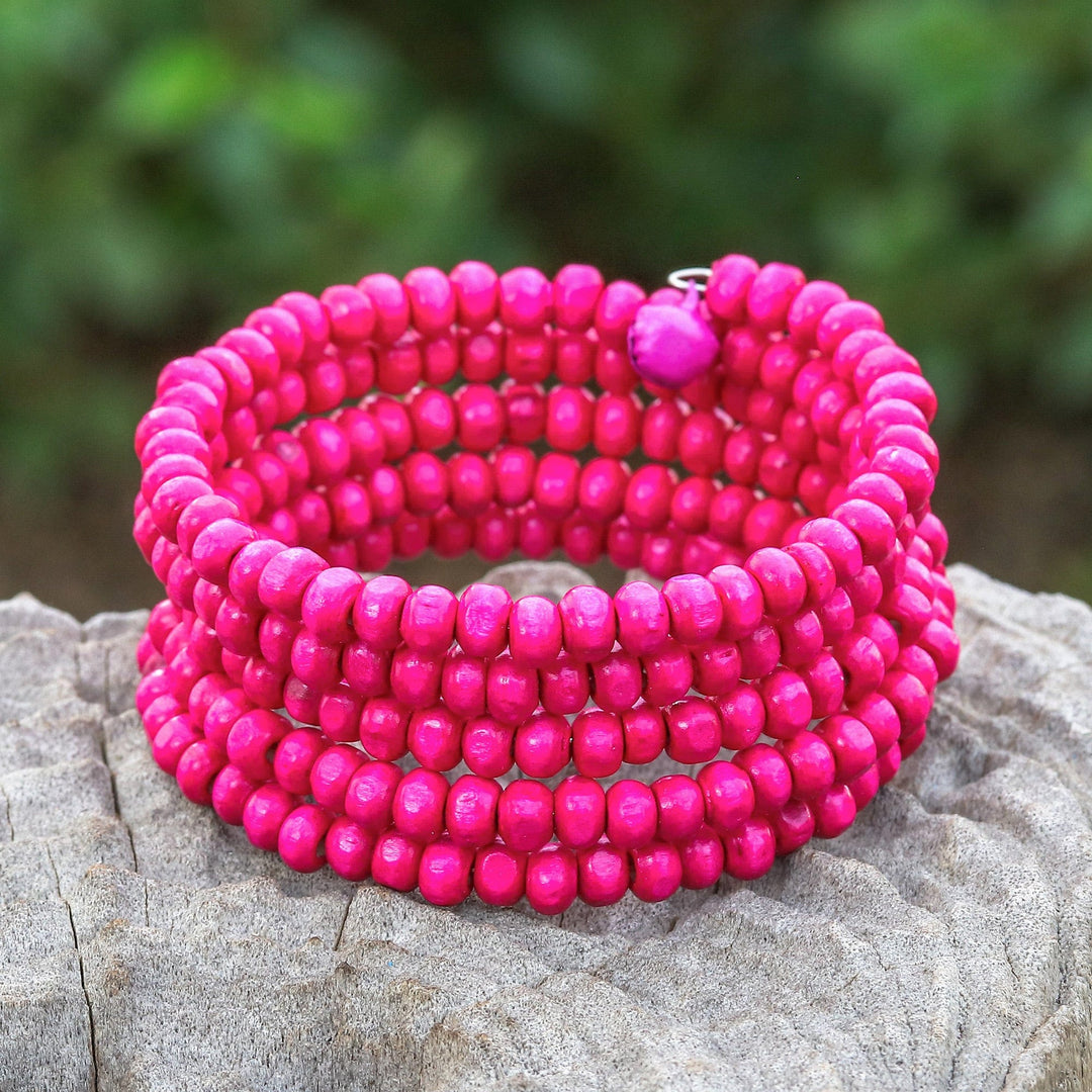 Fuchsia Beaded Wood Wrap Bracelet with Bells (1 In) - Fuchsia Spin