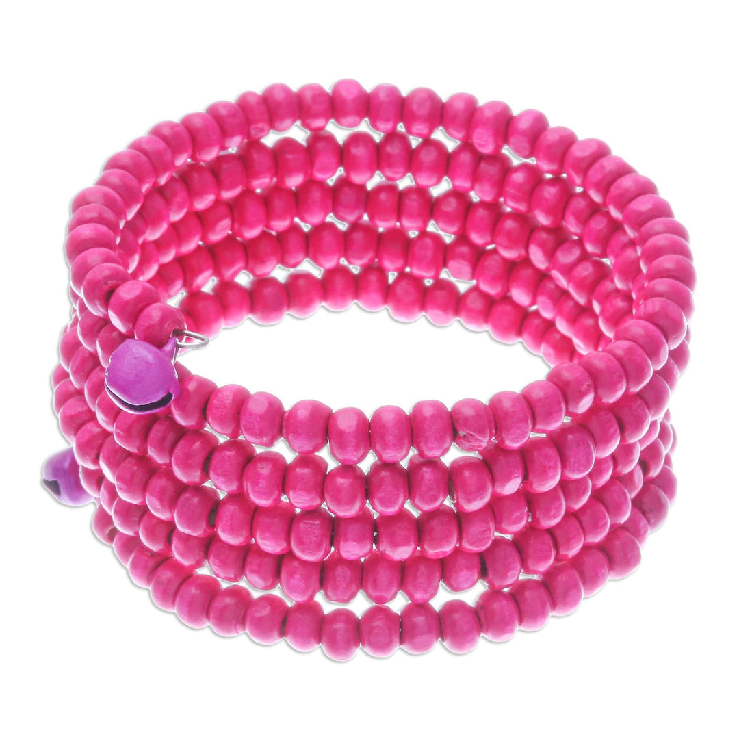 Fuchsia Beaded Wood Wrap Bracelet with Bells (1 In) - Fuchsia Spin