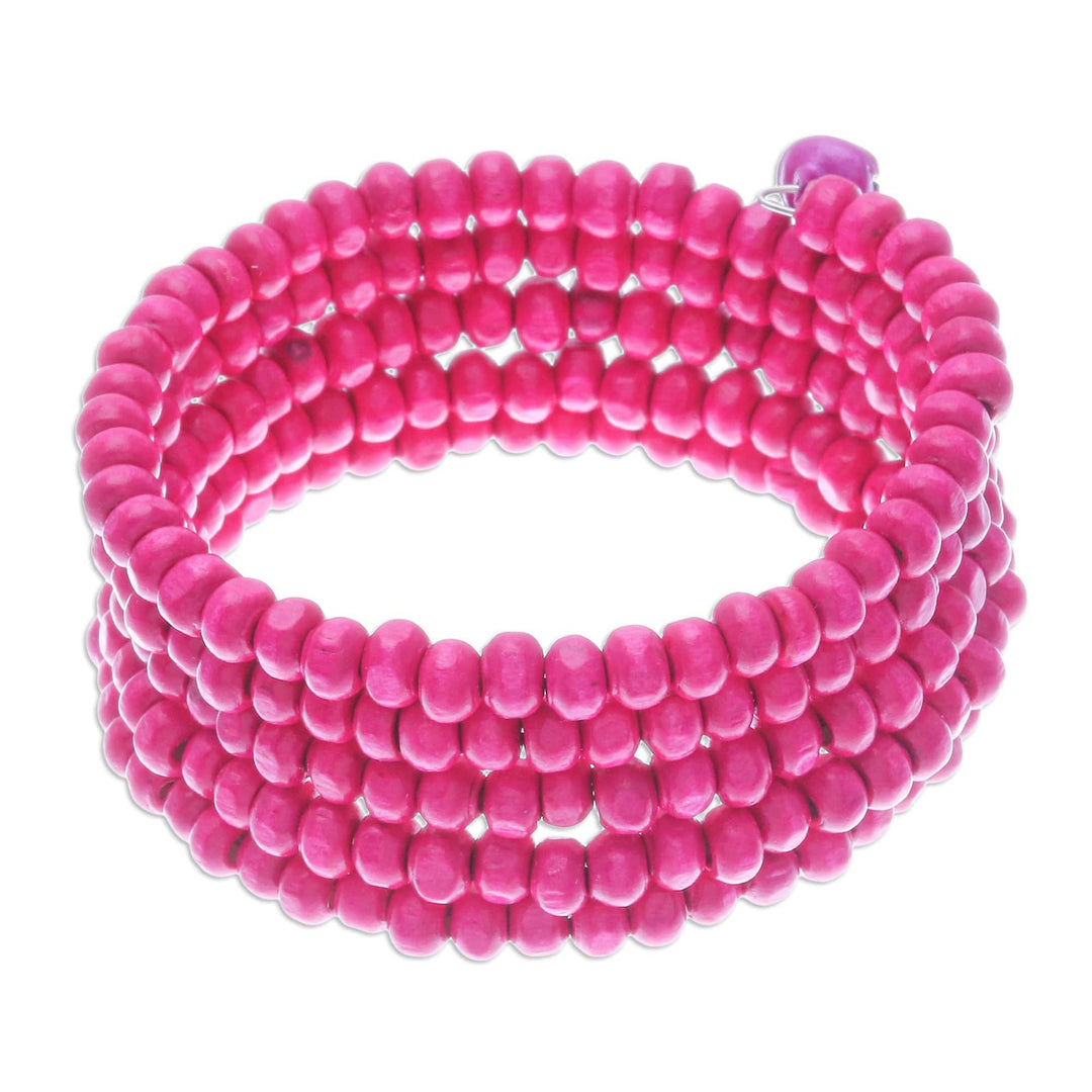 Fuchsia Beaded Wood Wrap Bracelet with Bells (1 In) - Fuchsia Spin