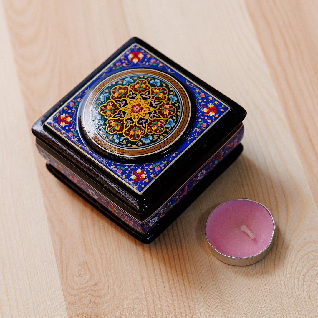 Floral Painted Square Lacquered Papier Mache Jewelry Box - Blue Domains