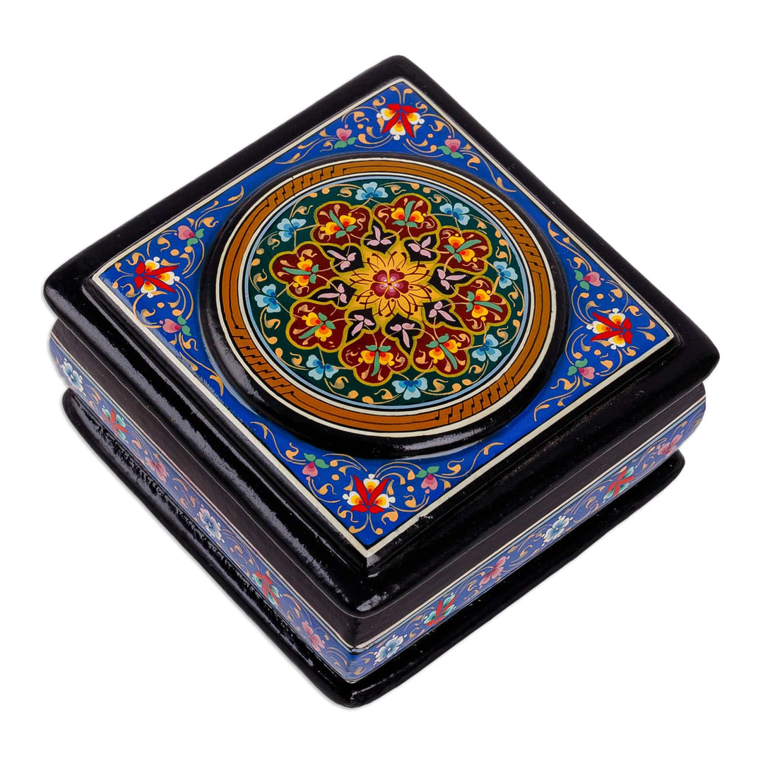 Floral Painted Square Lacquered Papier Mache Jewelry Box - Blue Domains