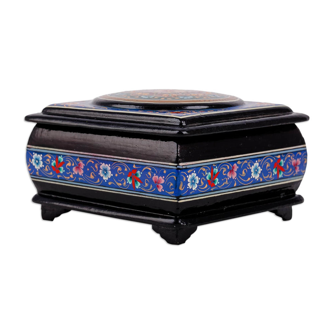 Floral Painted Square Lacquered Papier Mache Jewelry Box - Blue Domains
