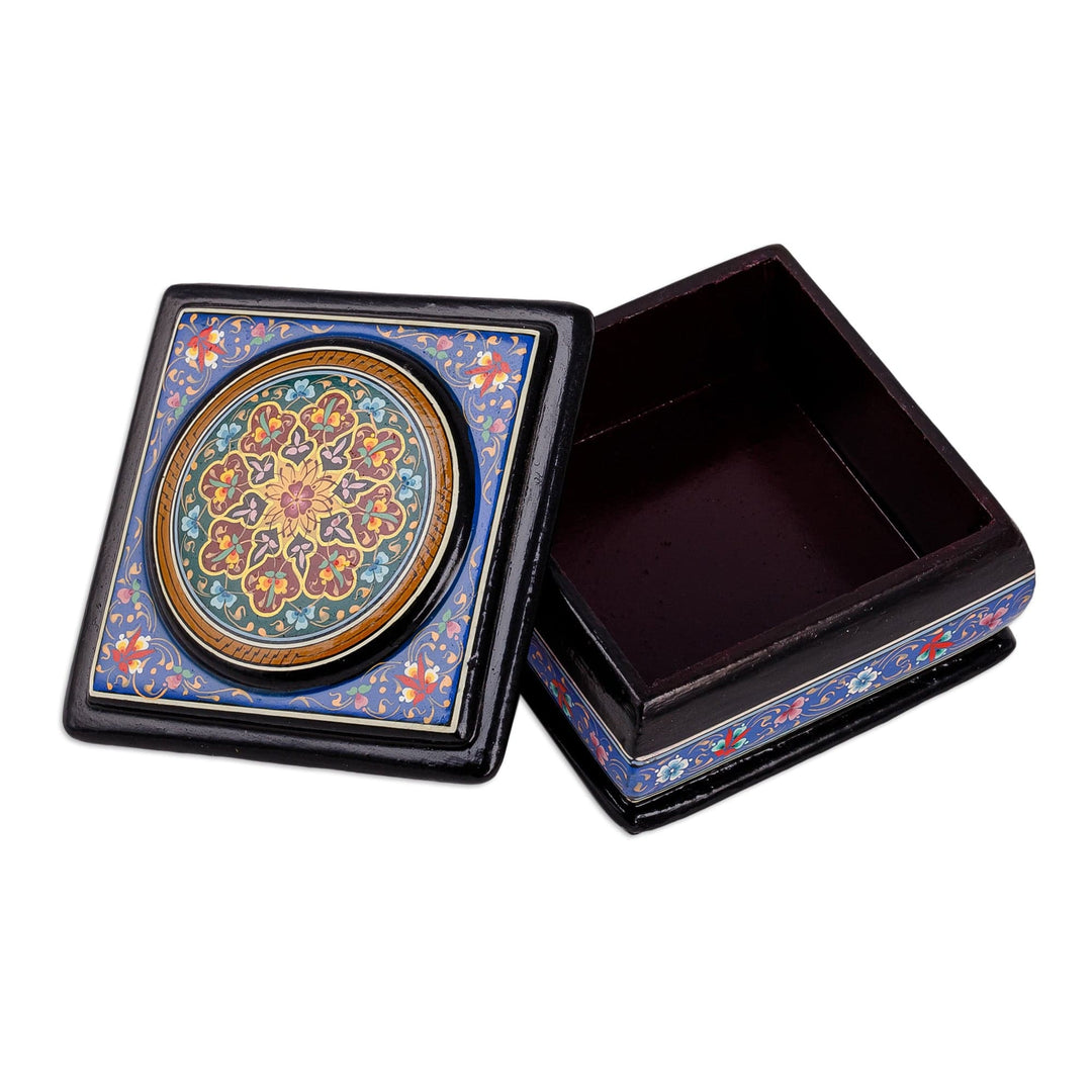 Floral Painted Square Lacquered Papier Mache Jewelry Box - Blue Domains