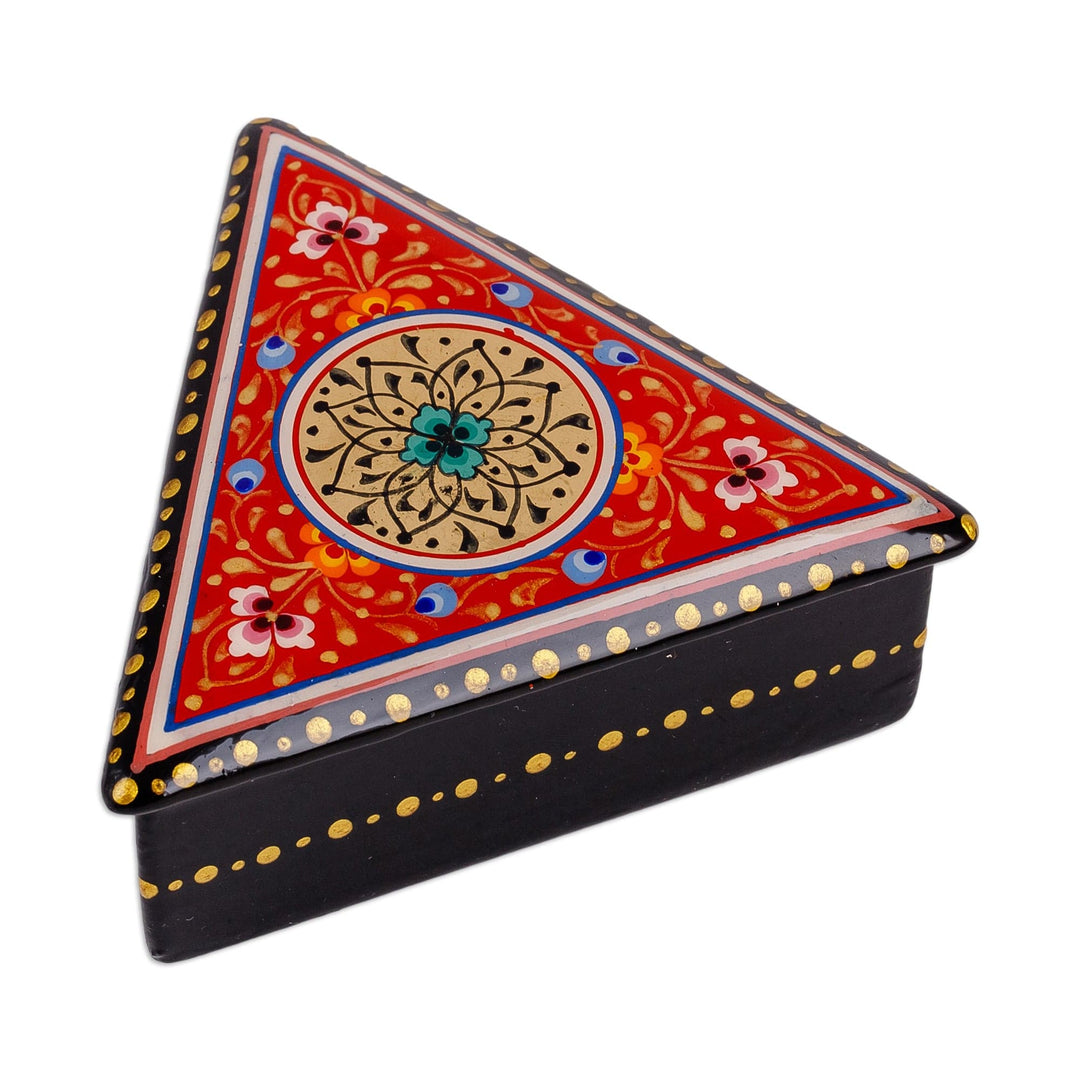 Handmade Red Triangular Jewelry Box with Round Floral Detail - Triangular Romance