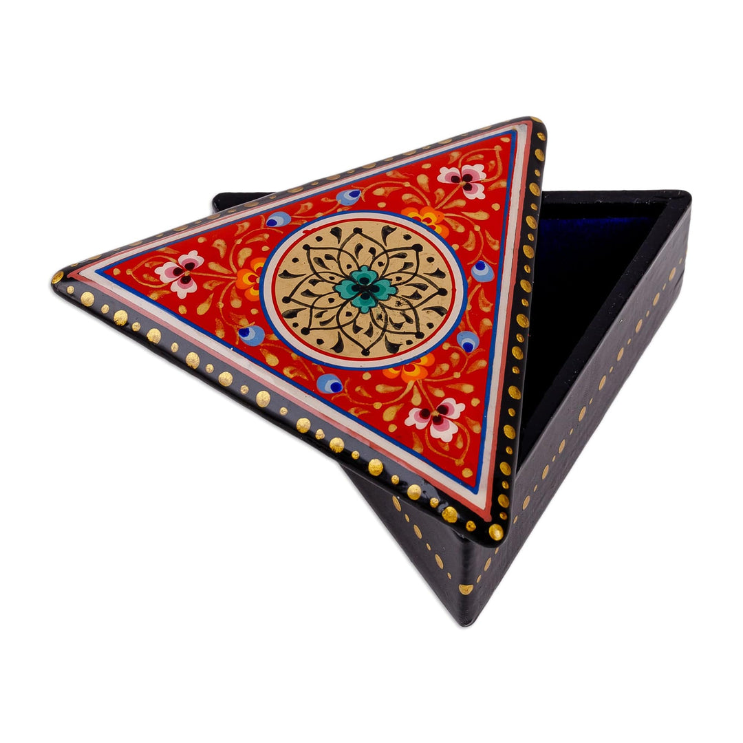 Handmade Red Triangular Jewelry Box with Round Floral Detail - Triangular Romance