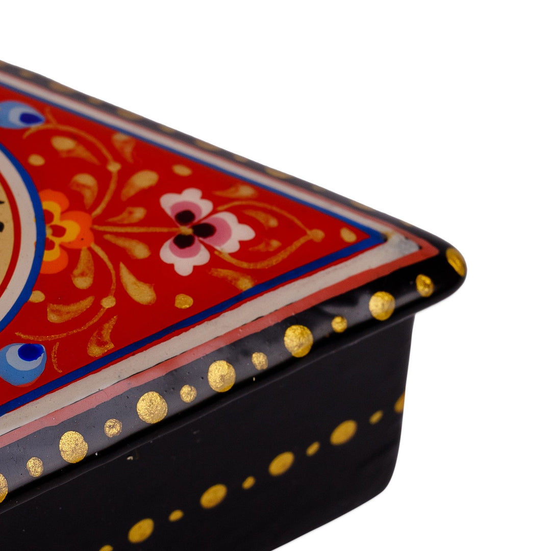 Handmade Red Triangular Jewelry Box with Round Floral Detail - Triangular Romance