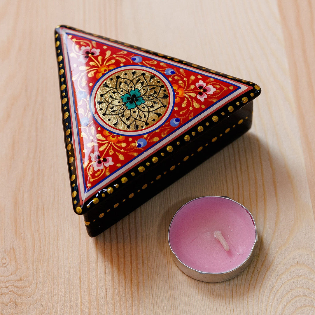 Handmade Red Triangular Jewelry Box with Round Floral Detail - Triangular Romance
