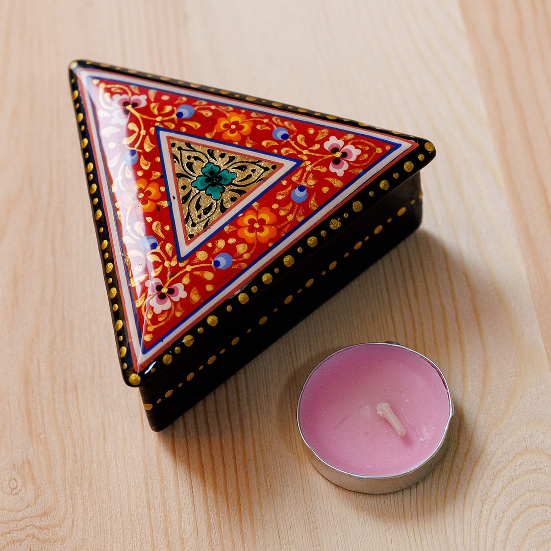 Handmade Red Triangular Jewelry Box with Floral Details - Triangular Passion