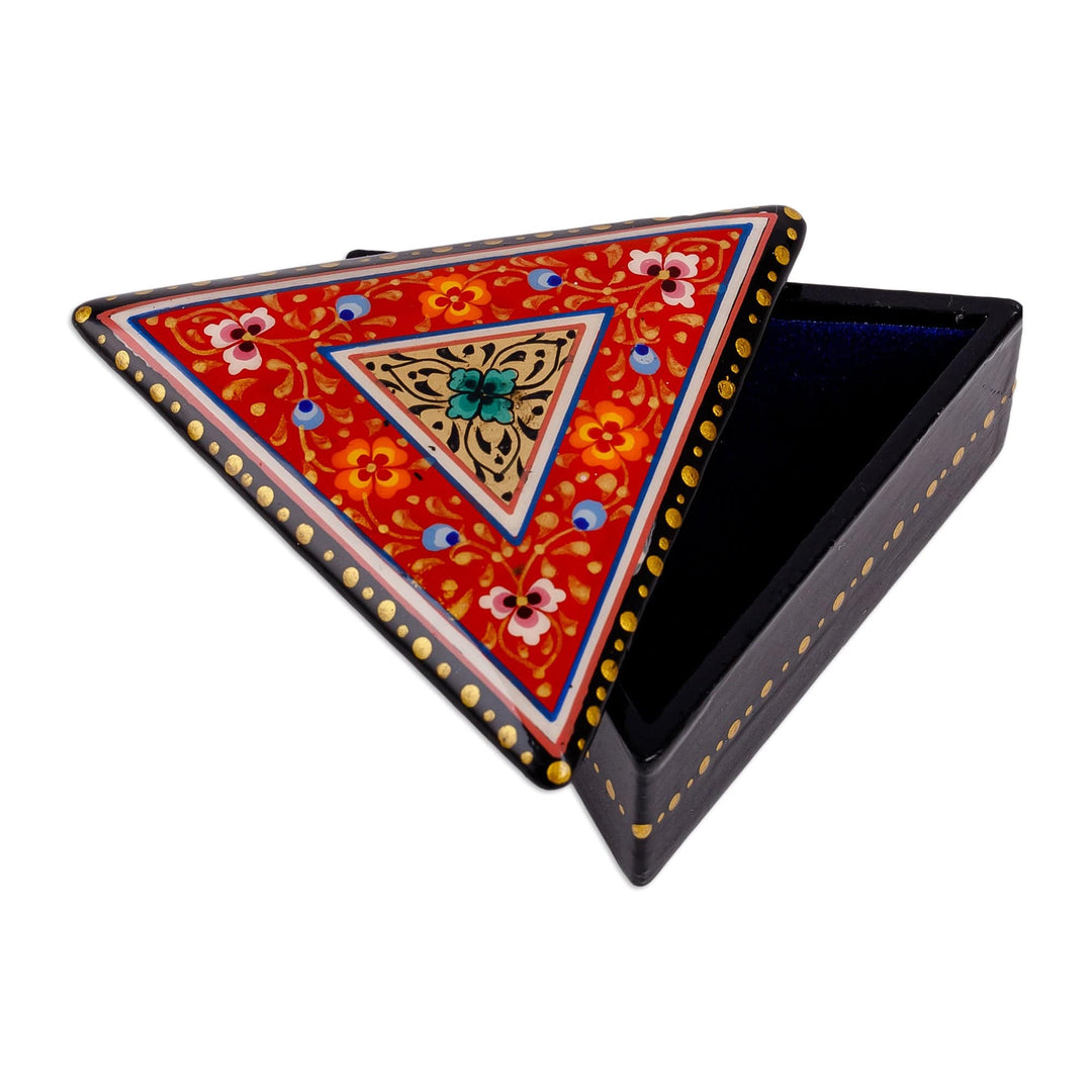 Handmade Red Triangular Jewelry Box with Floral Details - Triangular Passion