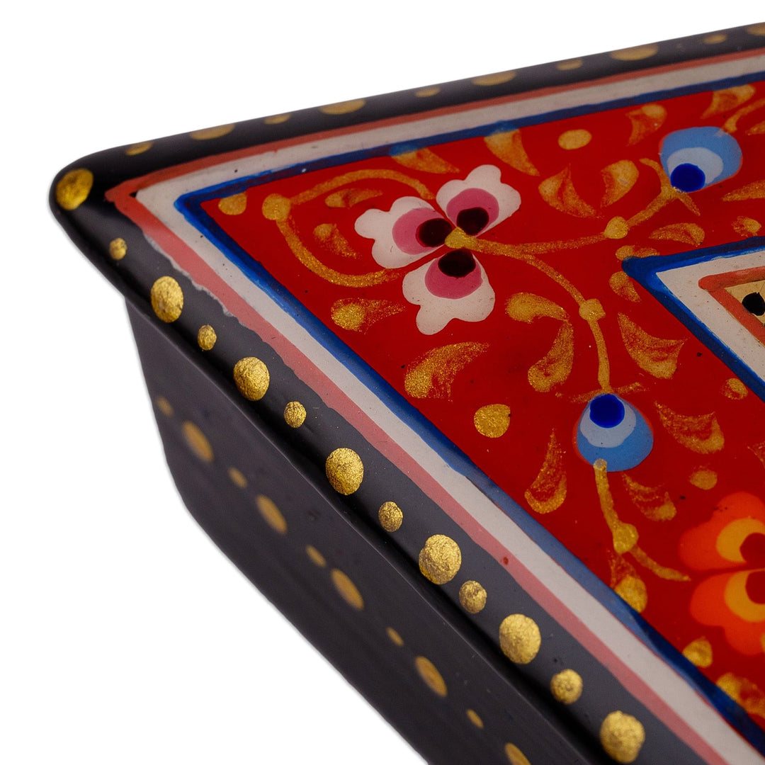 Handmade Red Triangular Jewelry Box with Floral Details - Triangular Passion