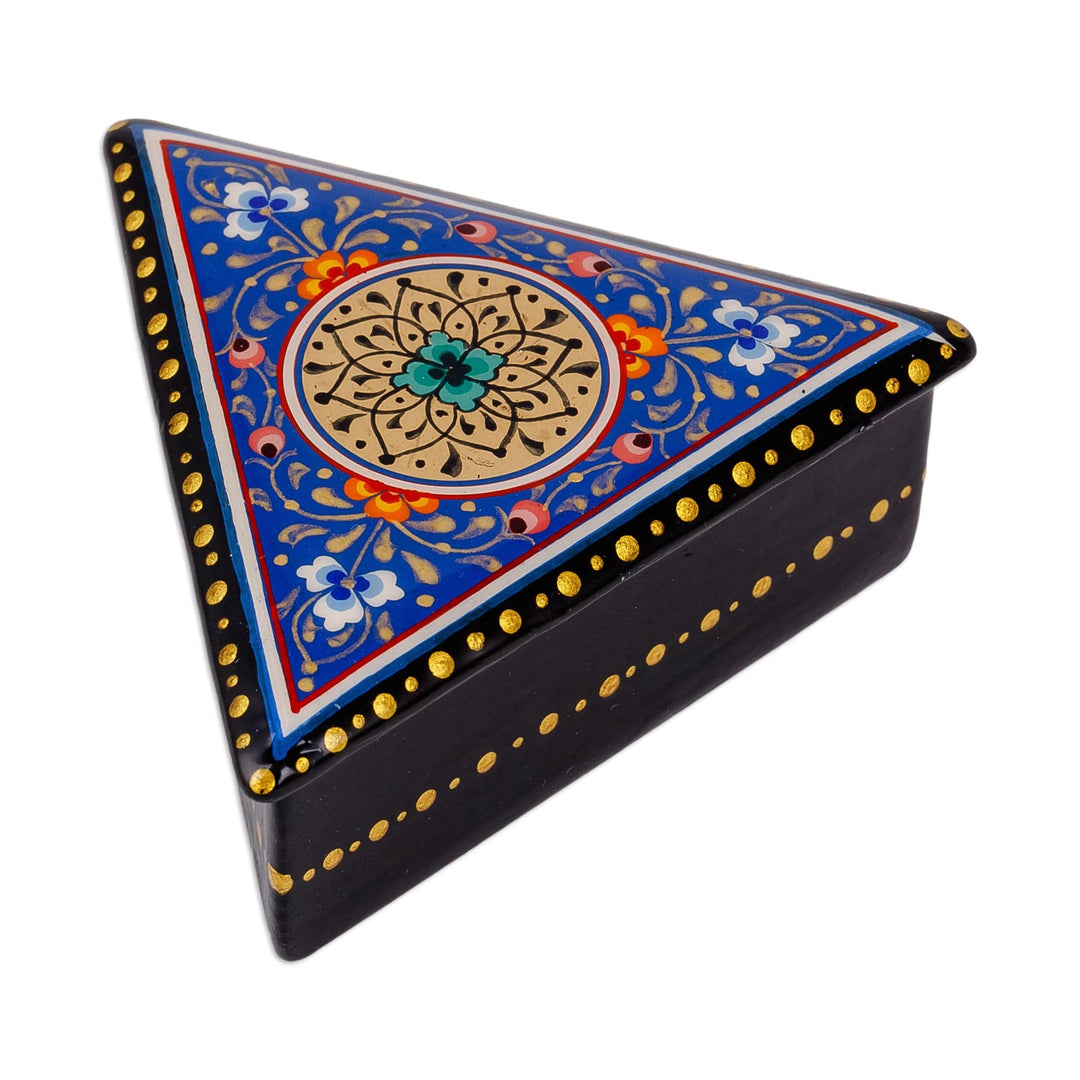 Painted Blue Triangular Jewelry Box with Round Floral Detail - Triangular Magic
