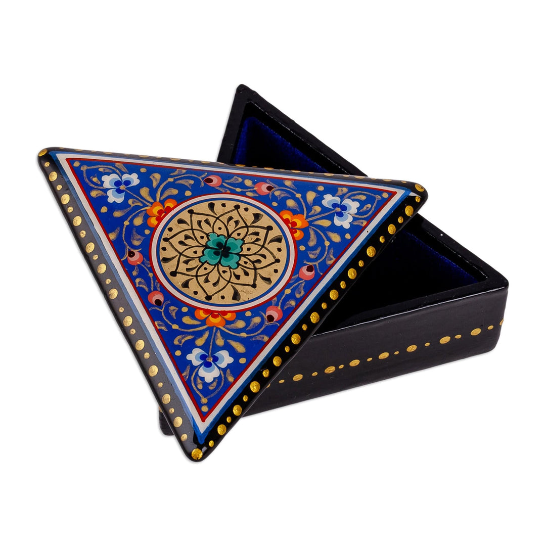 Painted Blue Triangular Jewelry Box with Round Floral Detail - Triangular Magic