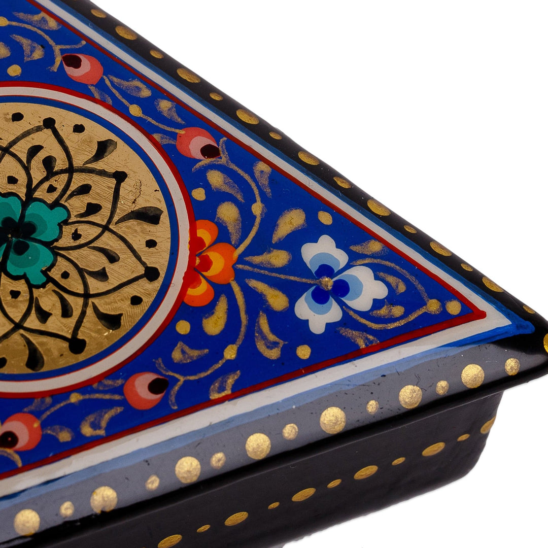 Painted Blue Triangular Jewelry Box with Round Floral Detail - Triangular Magic