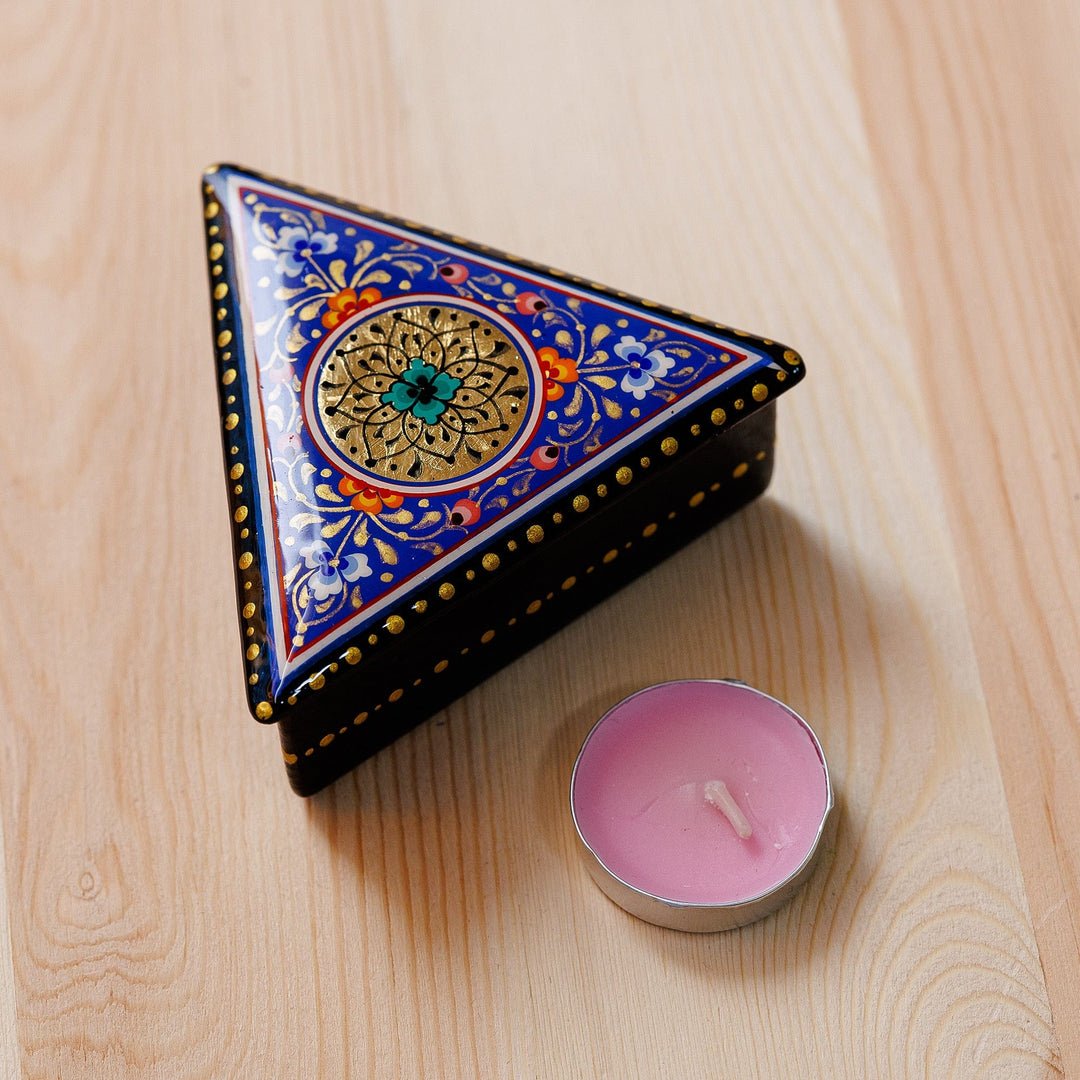 Painted Blue Triangular Jewelry Box with Round Floral Detail - Triangular Magic