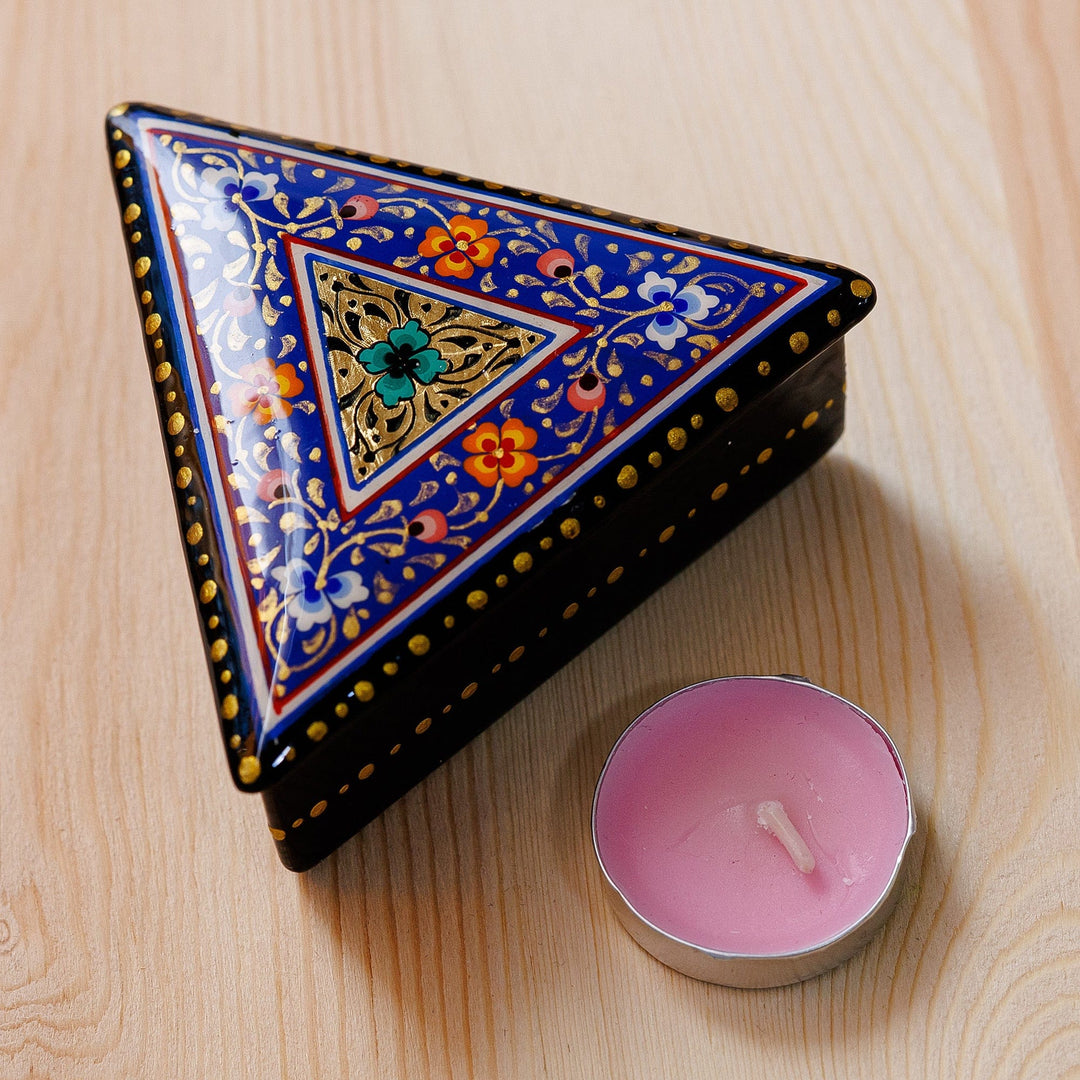 Handmade Blue Triangular Jewelry Box with Floral Details - Triangular Intellect