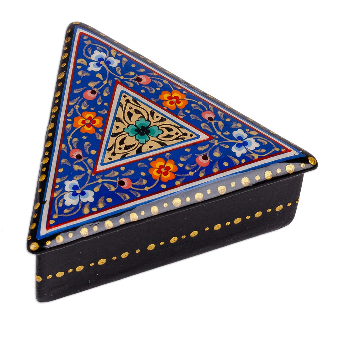 Handmade Blue Triangular Jewelry Box with Floral Details - Triangular Intellect