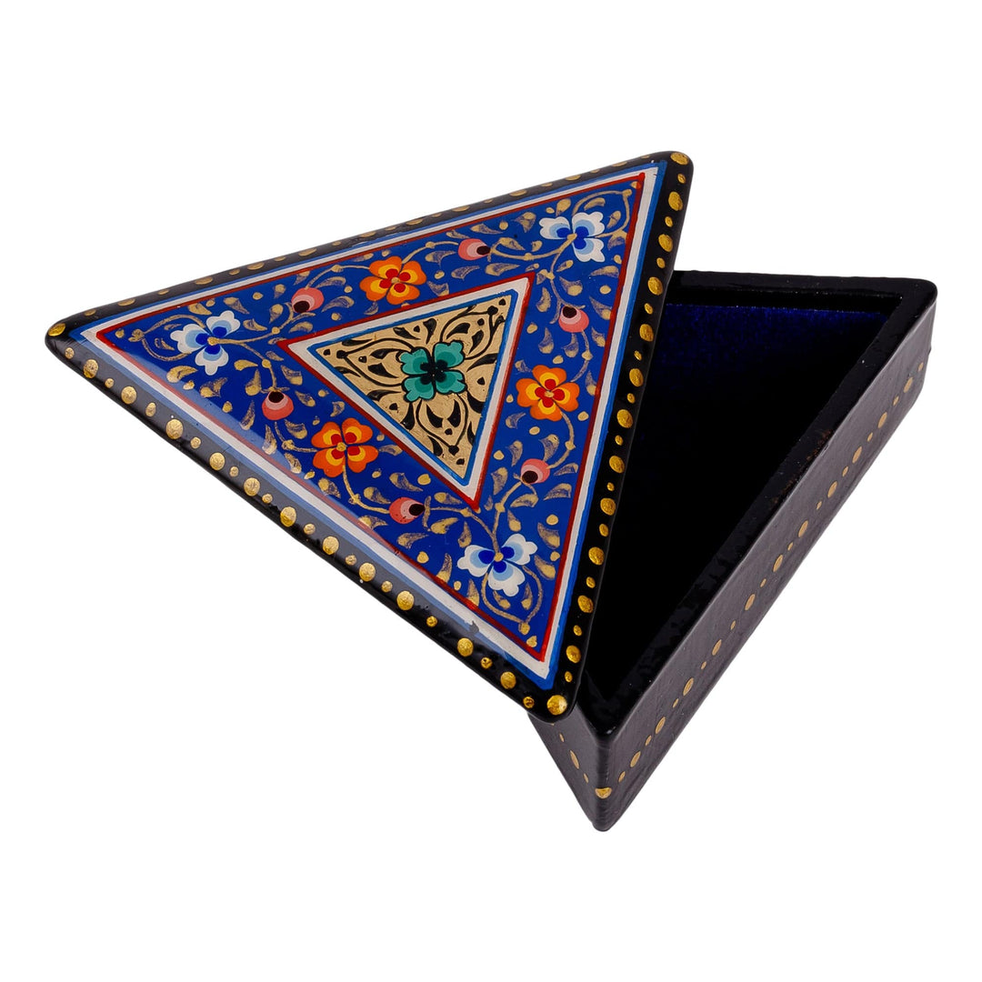 Handmade Blue Triangular Jewelry Box with Floral Details - Triangular Intellect