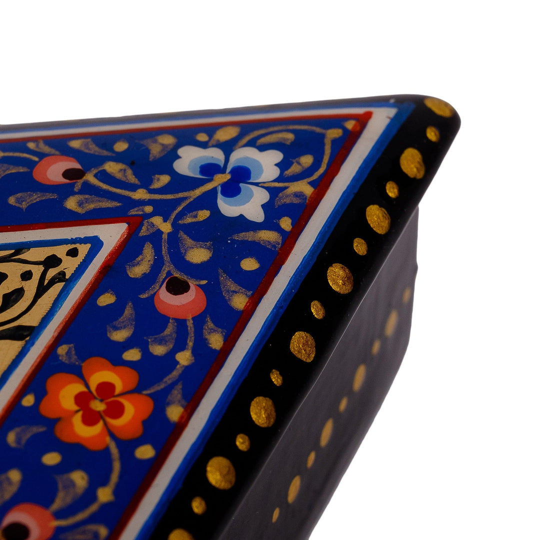 Handmade Blue Triangular Jewelry Box with Floral Details - Triangular Intellect