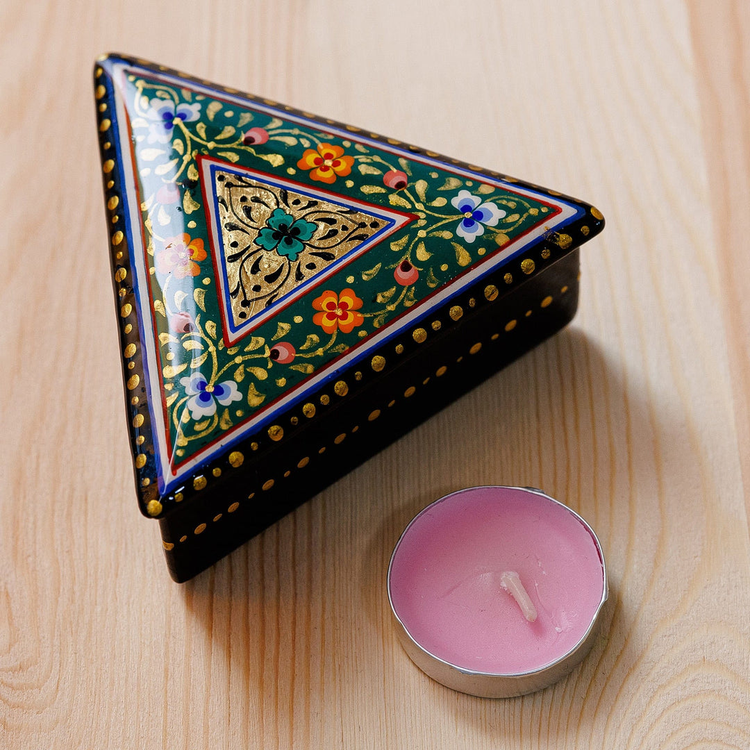 Handmade Green Triangular Jewelry Box with Floral Details - Triangular Vitality