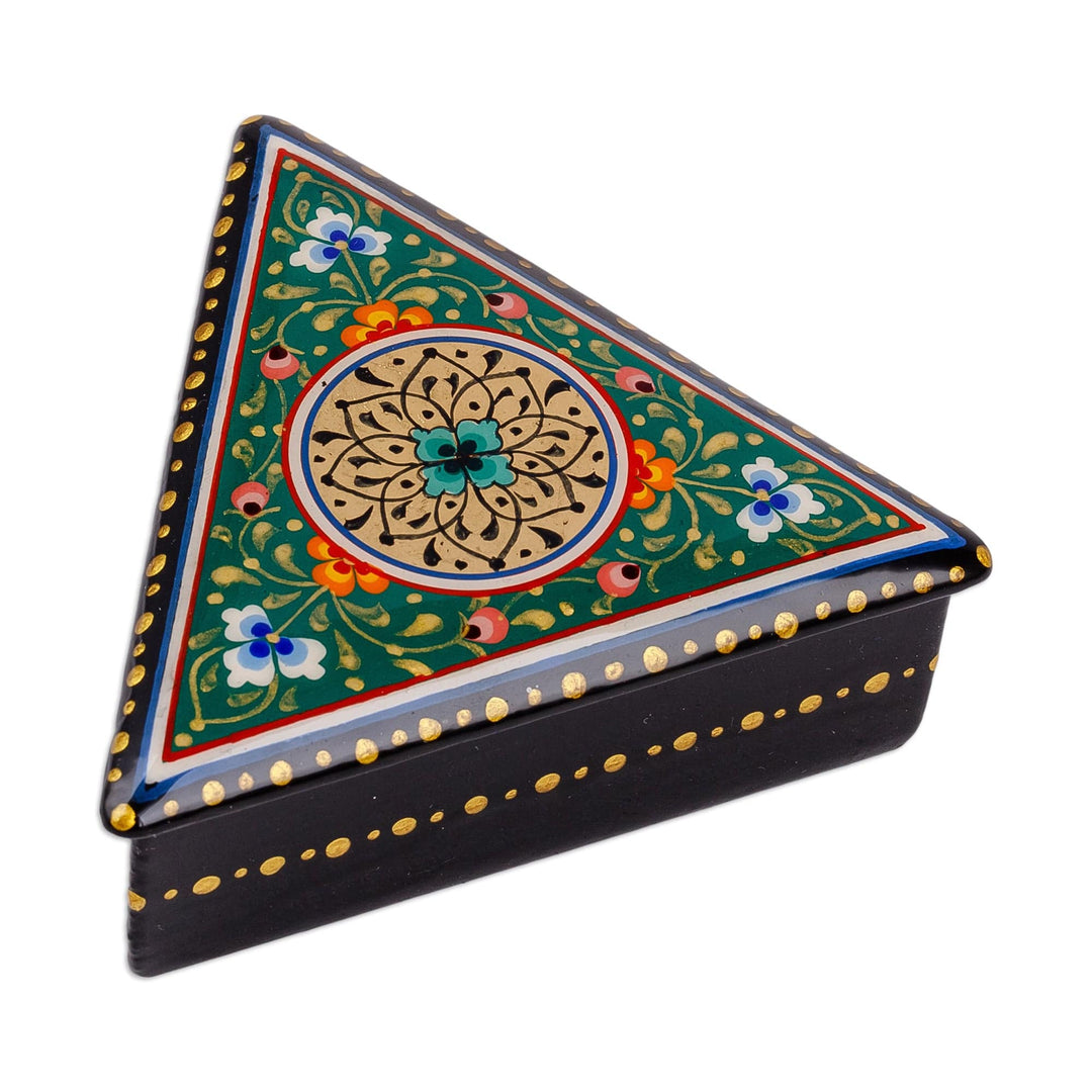 Painted Green Triangular Jewelry Box with Round Floral Motif - Triangular Harmony