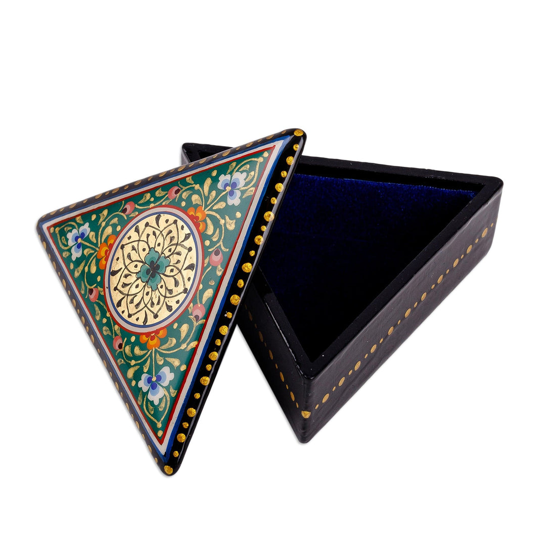 Painted Green Triangular Jewelry Box with Round Floral Motif - Triangular Harmony