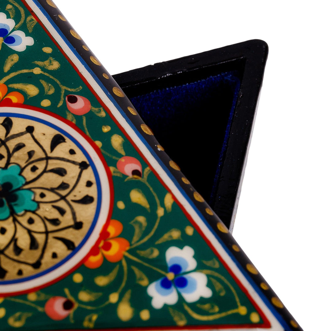 Painted Green Triangular Jewelry Box with Round Floral Motif - Triangular Harmony