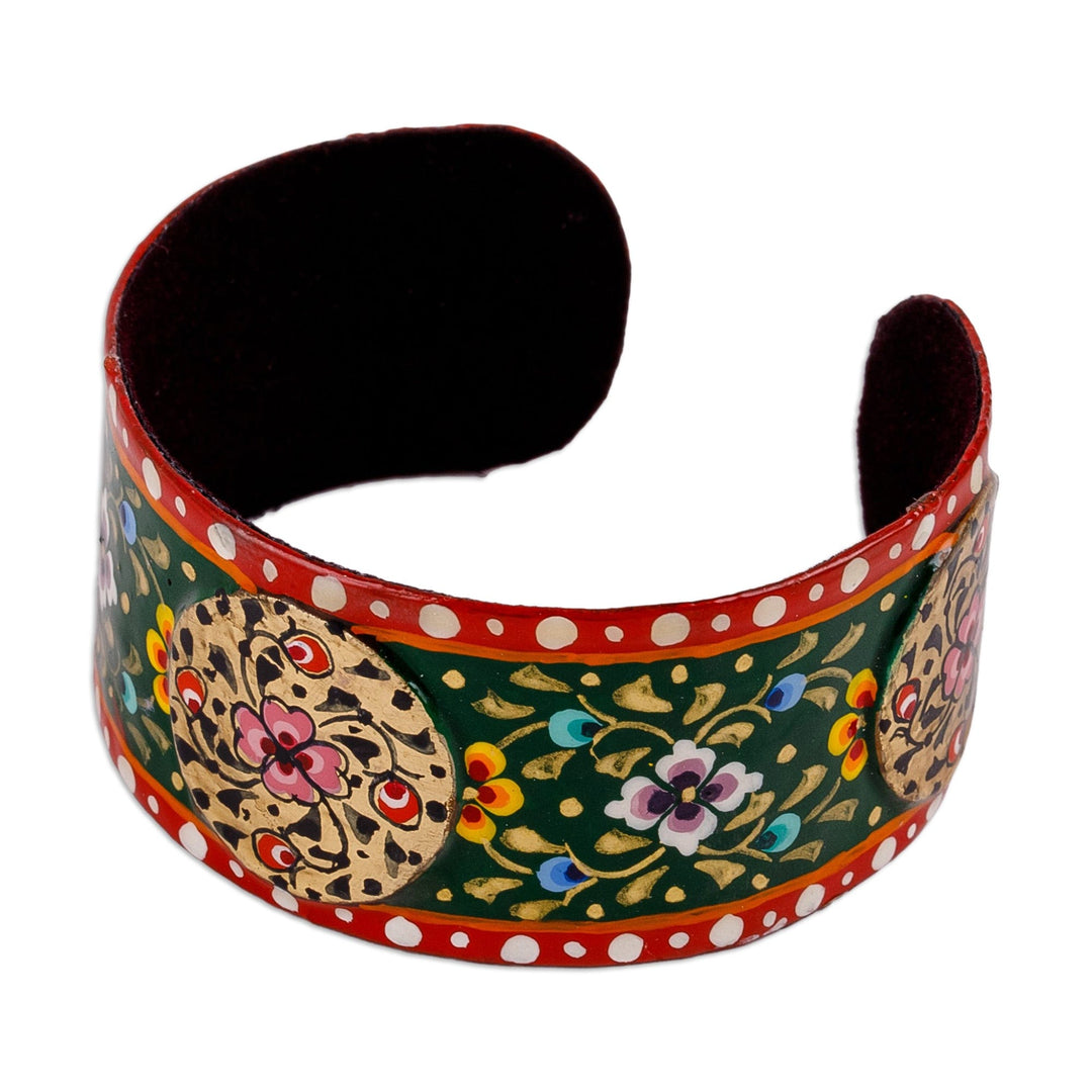 Painted Floral Red and Green Lacquered Tin Cuff Bracelet - Uzbekistan Deity