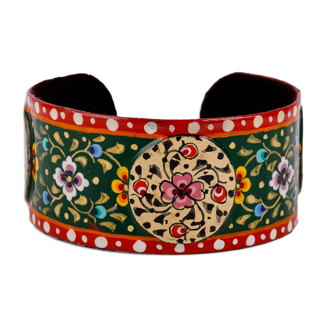 Painted Floral Red and Green Lacquered Tin Cuff Bracelet - Uzbekistan Deity