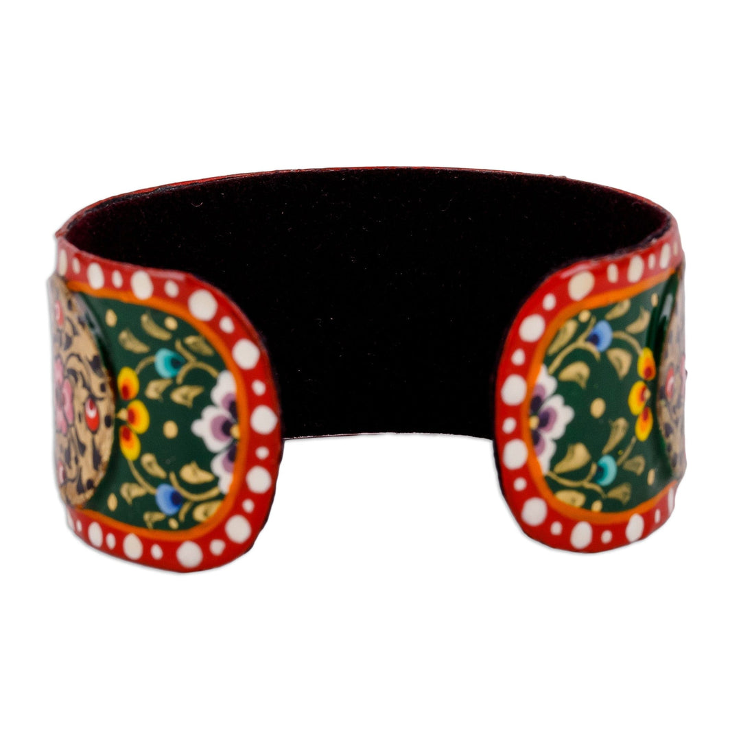 Painted Floral Red and Green Lacquered Tin Cuff Bracelet - Uzbekistan Deity