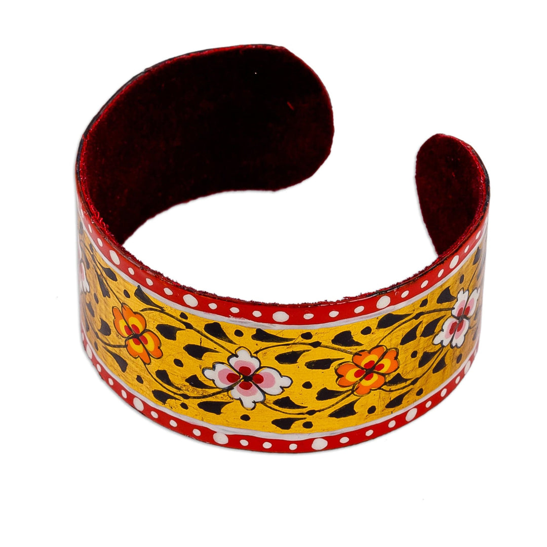 Painted Floral Adjustable Red and Yellow Tin Cuff Bracelet - Goddess of Joy