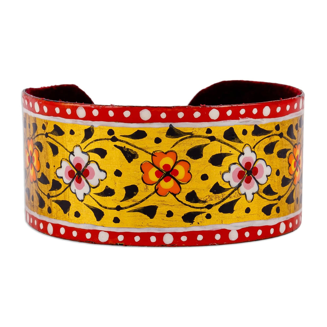 Painted Floral Adjustable Red and Yellow Tin Cuff Bracelet - Goddess of Joy