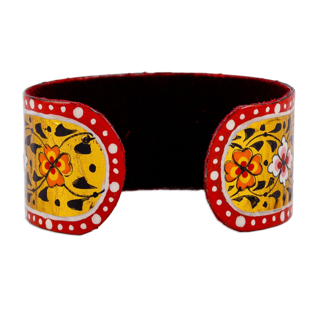 Painted Floral Adjustable Red and Yellow Tin Cuff Bracelet - Goddess of Joy
