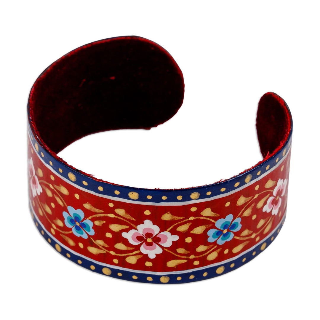 Painted Floral Adjustable Blue and Red Tin Cuff Bracelet - Goddess of Passion