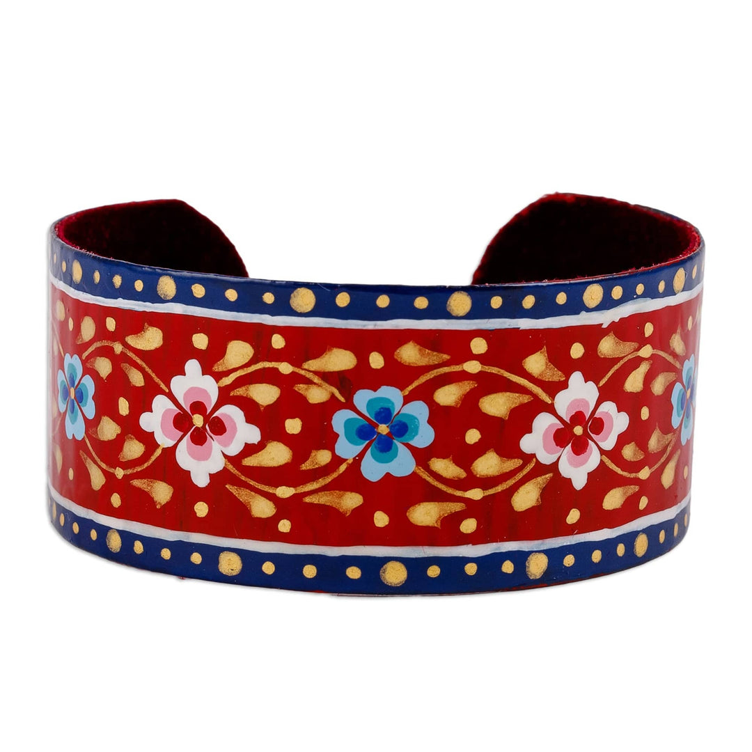 Painted Floral Adjustable Blue and Red Tin Cuff Bracelet - Goddess of Passion