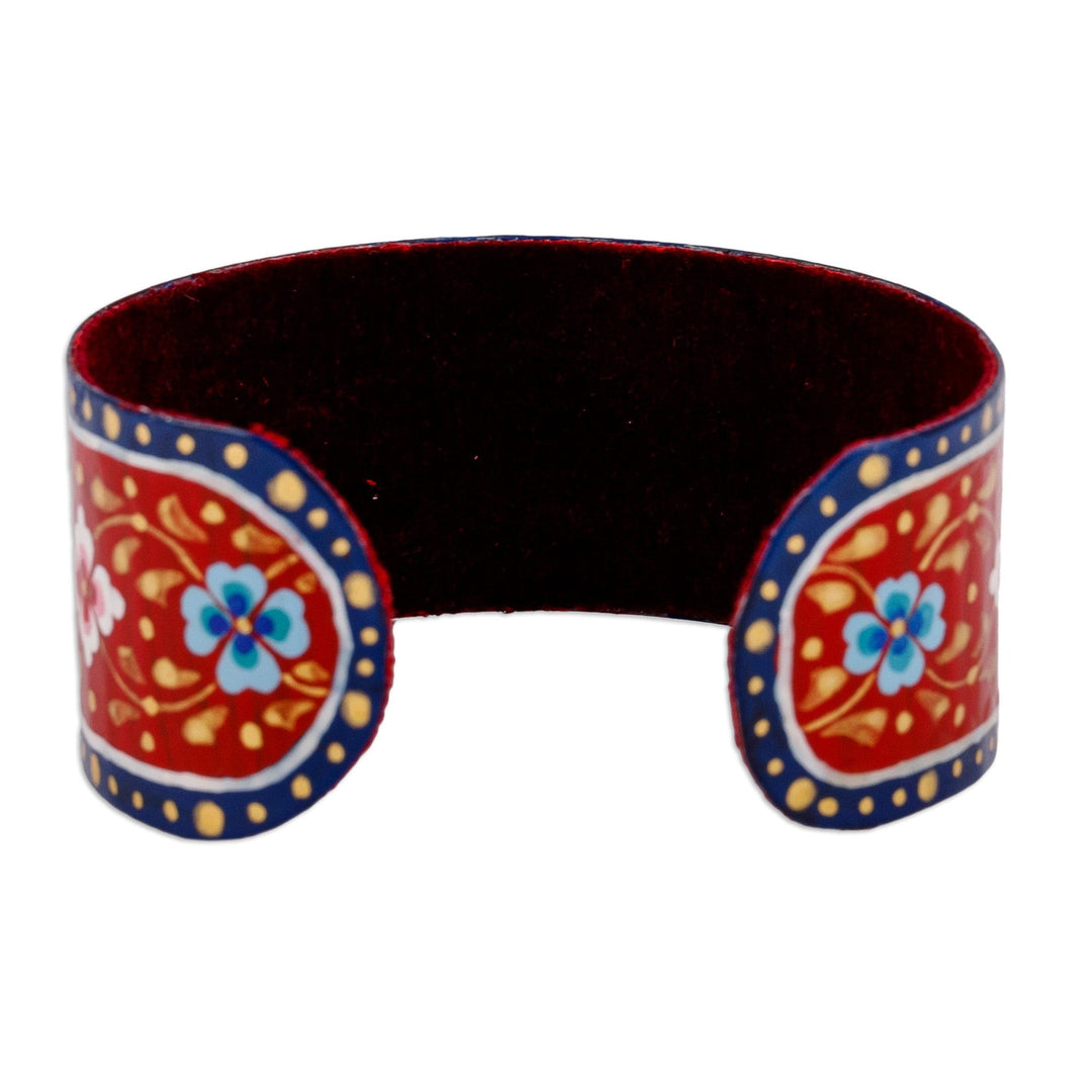 Painted Floral Adjustable Blue and Red Tin Cuff Bracelet - Goddess of Passion